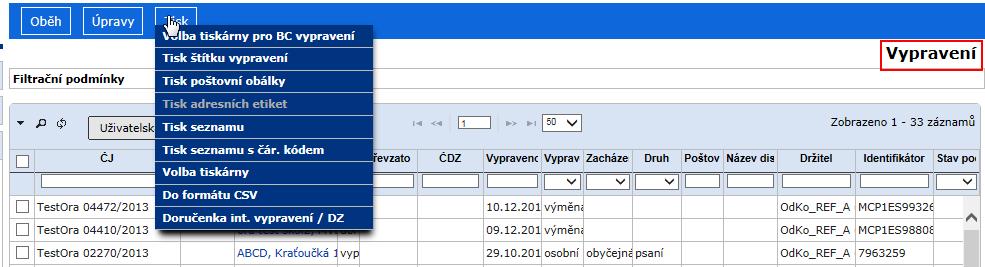 Pro tisk vybraných objektů označte požadované objekty zaškrtnutím zaškrtávacího políčka a zadejte příkaz pro tisk požadovaného