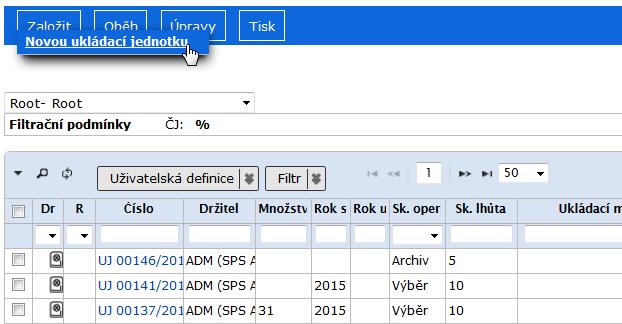 RSV.docx V menu zvolte příkaz <Založit / Ukládací jednotku>, resp. <Založit / Novou ukládací jednotku>. obr 258. Založení UJ Systém zobrazí formulář, kde vyplníte jednotlivé profilové položky.