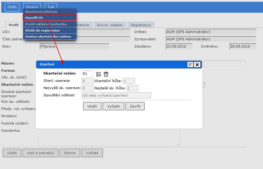 RSV.docx Zobrazte záložku Obsah ukládací jednotky, zvolte příkaz menu <Úpravy / Uzavřít UJ>.