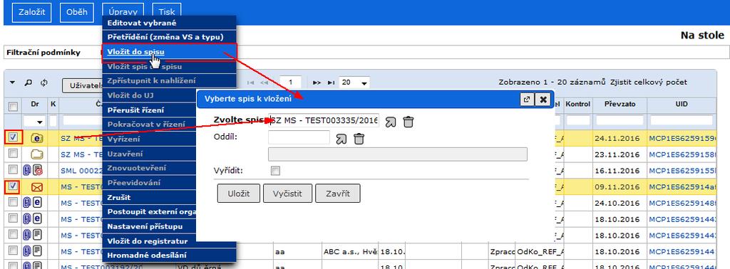 Referent Pokud do spisu vracíte vyjmutý dokument (viz kapitola 4.3.5 Hromadná úprava obsahu spisu), na záložce Obsah spisu je dokument uveden v pořadí, v němž byl ve spisu před vyjmutím.