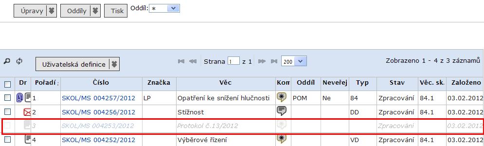 Referent Na záložce Obsah spisu označte dokumenty, jimž chcete hromadně upravit profilové položky, a zadejte příkaz [Editovat vybrané] tlačítka.