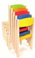 Povrch dřevěné konstrukce je natřen ekologickými laky. Výhodou je stohovatelnost židlí, což umožňuje ušetřit místo při jejich skladování. Výška sediska: 26 cm, 31 cm, 35 cm, 38 cm.