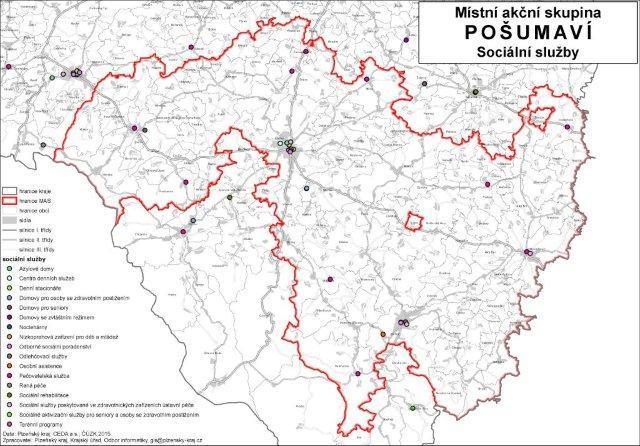 Mapa č. 4: Rozmístění sociálních služeb na území MAS Pošumaví Zdroj: Plzeňský kraj Velkým problémem je také nedostupnost pobytových služeb se sociální a zdravotní péčí v obcích.