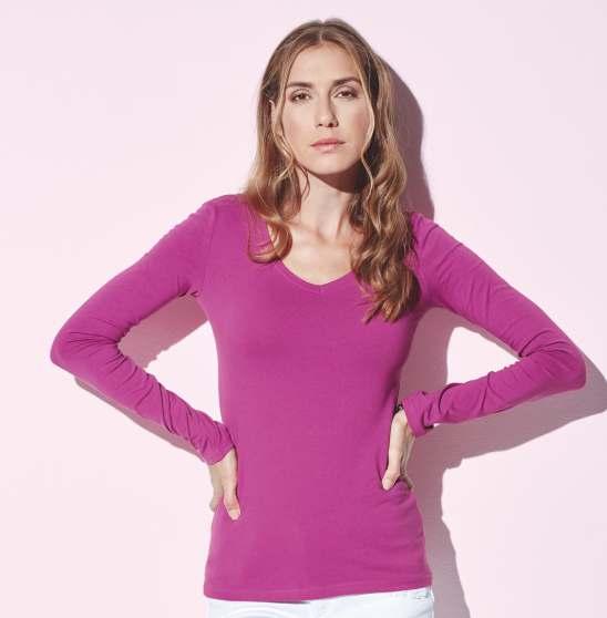 ST9720 Dámské tričko Claire V-neck Long sleeve Dámské tričko s dlouhým rukávem do V, boční švy, vypasovaný střih, kontrastní zpevňující lemovka za krkem, úzké žebrované okraje rukávů, módní úzký