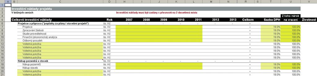 dojde ke žlutému podbarvení řádku a následně je možné v jednotlivých letech realizace projektu promítnout investiční náklad k dané činnosti.