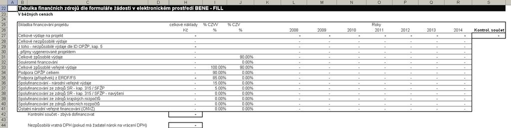 Obrázek 20: List Zdroje financování Tabulka finančních zdrojů dle formuláře žádosti v elektronickém prostředí BENE-FILL (Soukromý subjekt) Zpracovatel vyplní v rámci této tabulky hodnoty do