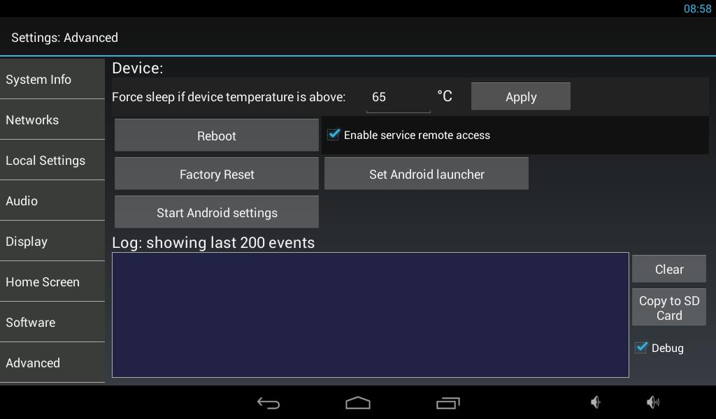 Advanced Force sleep if device temperatur is above v případě, že zařízení překročí definovanou úroveň vnitřní teploty, ihned přejde do stand-by režimu* Reboot restart zařízení Factory reset reset