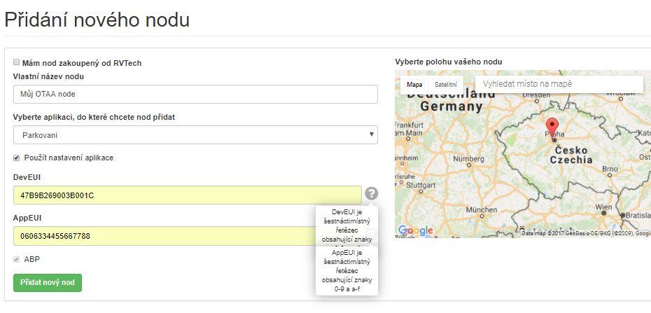 2) Přidání nového ABP NODE Založení nového ABP NODE - LORATECH Administrace Formulář pro založení nového nodu naleznete v hlavním menu LORATECH Administrace pod položkou Nody Nový Pro NODE typu ABP