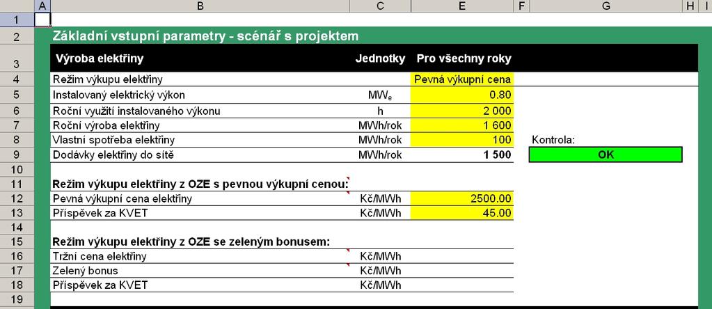 Obrázek 8: List Scénář s projektem Základní vstupní parametry Vzhledem k tomu, že po realizaci Projektu bude využívána rekonstruovaná kotelna na uhlí a TTO na plyn (instalovaný tepelný výkon 16,00 MW