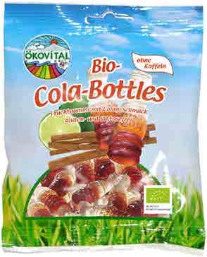 Želé COLA LÁHVE ÖKOVITAL Složení: kukuřičný sirup*, přírodní třtinový cukr*, želatina*, kyselina citrónová, karamelový sirup*, přírodní aroma, výtažek z limetek 0,015 %, výtažek ze skořice 0,003 %,