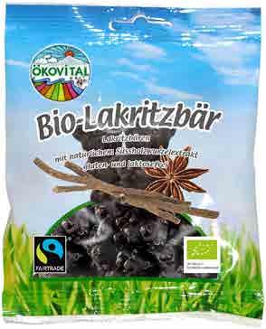 2208 12 x 100 g DE 4038857116618 Želé LÉKOŘICOVÍ MEDVÍDCI ÖKOVITAL Složení: přírodní třtinový cukr*, kukuřičný sirup*, kukuřičný škrob*, želatina*, výtažek z lékořice* 5 %, mořská sůl, karamelový