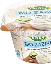 Tzaziki BERIEF Složení: sójový nápoj* (voda, sójové boby* 14 %), okurky*, česnek*, přírodní třtinový cukr*, mořská sůl, kukuřičný škrob*, lihový ocet*,