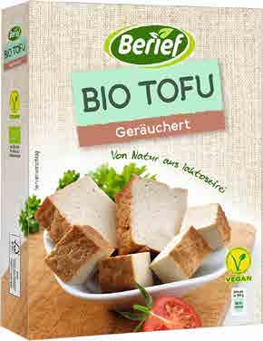 Tofu uzené BERIEF Složení: tofu (sójové boby*, voda), mořská sůl, bukový kouř. * = bio.
