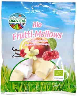 Ovocné marshmallow ÖKOVITAL Složení: kukuřičný sirup*, přírodní třtinový cukr*, želatina*, dextróza*, kukuřičný škrob*, barviva: rostlinné výtažky (ze světlice, řas, bezinek*),
