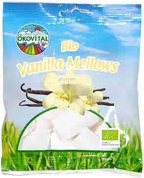 2260 8 x 100 g BE 4038857101119 Vanilkové marshmallow ÖKOVITAL Složení: kukuřičný sirup*, přírodní třtinový cukr*, želatina*, dextróza*, kukuřičný škrob*, přírodní aroma vanilky s