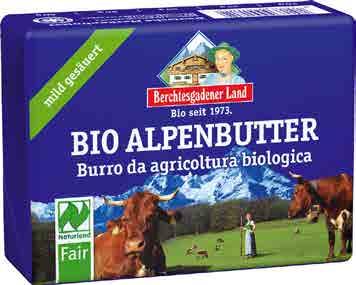 Čerstvé alpské máslo BGL Z denně čerstvé bio smetany. Obsah tuku: 82 %.