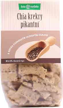 Chia krekry pikantní s olivovým olejem bio*nebio Složení: celozrnná pšeničná mouka* 36 %, pšeničná mouka* 36 %, extra