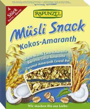 2512 25 x 40 g DE, bez cukru 4006040202349 Ovocná tyčinka BANÁN-JABLKO RAPUNZEL Složení: banány 20 %, datle 20 %, medový marcipán (mandle, med), meruňky 12 %, med, banánový prášek 8 %, jablka 7 %,