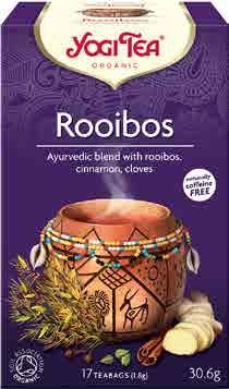 2806 6 x (17 x 1,8 g) IT 4012824400344 Rooibos Yogi Tea Složení: rooibos 70 %, skořice 11 %, zázvor 4 %, karob, pražený kořen čekanky, kardamom 2