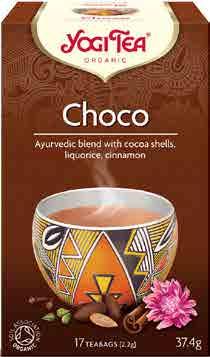 2808 6 x (17 x 1,8 g) IT 4012824400252 Choco Yogi Tea Složení: kakaové slupky 56 %, skořice 15 %, lékořice 14 %, karob, ječný slad, odtučněné