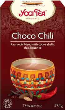 2810 6 x (17 x 2,2 g) IT 4012824400153 Choco Chili Yogi Tea Složení: kakaové slupky 60 %, skořice 16 %, lékořice 10 %, zázvor 3 %, černý pepř 3 %,