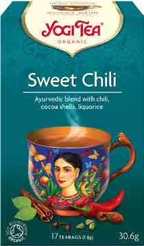 2812 6 x (17 x 2,2 g) IT 4012824400399 Sladké Chili Yogi Tea Složení: lékořice 35 %, kakaové slupky 14 %, máta, fenykl, anýz, zázvor, máta peprná