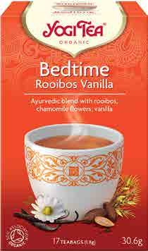 Čas ke spánku Rooibos Vanilka Yogi Tea Složení: rooibos 34 %, květ heřmánku 33 %, kakaové slupky 10 %, lékořice, výtažek z vanilky 3 %, skořice, kardamom, výtažek z meduňky, muškátový