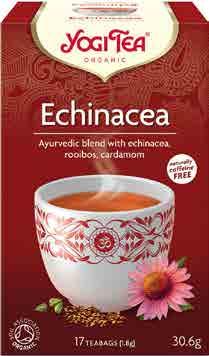 Echinacea Yogi Tea Složení: skořice, echinacea 14 %, zázvor, fenykl, rooibos 10 %, pražený kořen čekanky,