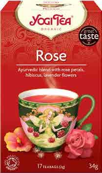 Růže Yogi Tea Složení: ibišek* 23 %, květ heřmánku*, květ bezu*, květ lípy*, okvětní plátky růže* 5 %, skořice*, květ levandule* 3 %,