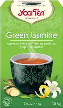 Zelený jasmín Yogi Tea Složení: jasmínový zelený čaj (zelený čaj, květy jasmínu) 47 %, zázvor 26 %, lékořice, citrónová tráva, citrónová