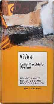 3340 10 x 100 g DE bio 4044889001075 Latte Macchiato Praliné čokoláda VIVANI Složení: přírodní třtinový cukr, kakaové máslo, pasta z lískových oříšků 18 %, kakaová