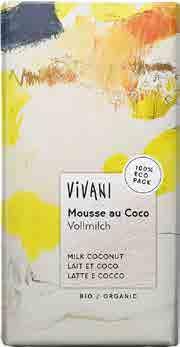 Mléčná čokoláda Mousse au Coco VIVANI Složení: přírodní třtinový cukr, kokosový tuk, sušené plnotučné mléko, kakaové máslo, kokos 7 %, kokosová