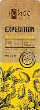 Sunny Almond Expedition ichoc Složení: mandle 34 %, kokosový cukr 33 %, kakaová hmota, kakaové máslo, výtažek z Bourbon vanilky.