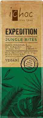 3536 15 x 50 g DE 4044889003062 Jungle Bites Expedition ichoc Složení: kakaová hmota, kokosový cukr 25 %, kakaové máslo, jedlý šáchor