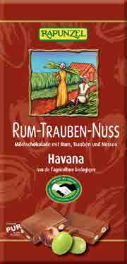 Mléčná čokoláda RUM-VÍNO-OŘECHY RAPUNZEL Složení: cukr (sušená třtinová šťáva Rapadura, přírodní třtinový cukr), sušené plnotučné mléko 19 %, kakaové máslo,