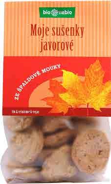javorové bio*nebio Z celozrnné špaldové mouky, s kokosovým olejem, bez přidaného cukru a bílé mouky.