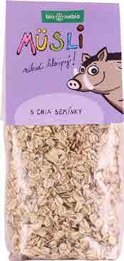 Müsli Nebuď hloupý! S chia semínky bio*nebio Složení: ovesné vločky 64 %, pšeničné vločky 9 %, ječné vločky 9 %, chia semínka 5 %, lněná semínka, pražená sezamová semínka, slunečnicová semínka.