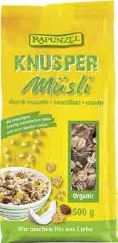 8101 15 x 350 g CZ, bez cukru 8594052882049 Müsli ORIGINAL RAPUNZEL Složení: ovesné vločky 36 %, rozinky sultánky 18 %, pšeničné vločky 9 %, ječné vločky 9 %, slunečnicová semínka, pražené lískové