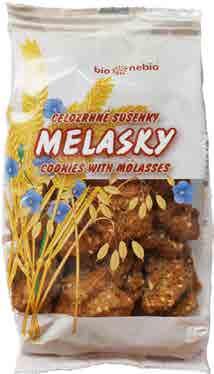 MELASKY - celozrnné sušenky s melasou bio*nebio Složení: celozrnná pšeničná mouka, přírodní třtinový cukr, ovesné vločky, řepkový olej, sezamové semínko, lněné semínko, třtinová melasa 4 %, směs