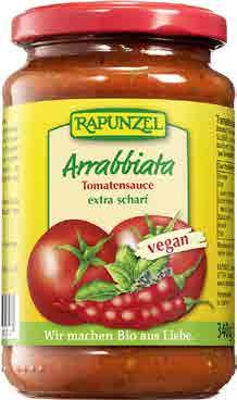 ARRABBIATA omáčka na těstoviny RAPUNZEL Složení: rajčata* 94 %, cibule*, bazalka*, feferonky*, extra panenský olivový