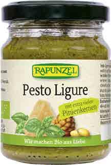 Pesto ligure RAPUNZEL Složení: extra panenský olivový olej*, bazalka* 37 %, piniové oříšky* 15 %, mořská sůl, sýr parmezán* 3 %, česnek*. 100% bio.