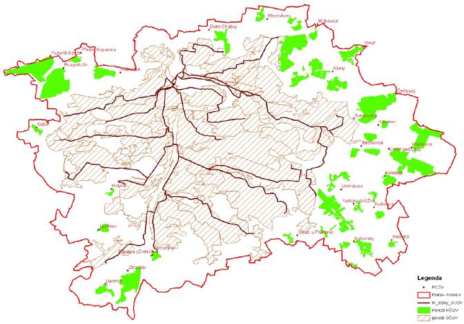 B2 Voda Obr. B2.3.1 Mapa Prahy s povodím ÚČOV Praha a povodími pobočných ČOV Legenda PČOV Hranice hl. m. Prahy Hlavní stoky ÚČOV Povodí PČOV Povodí ÚČOV Zdroj: PVS, a. s. Tab. B2.3.4: Technické a provozní údaje o odvádění a čištění odpadních vod v hl.