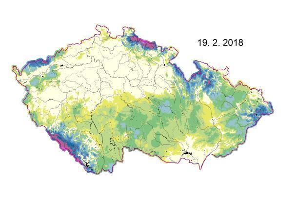 Sněhová vodní hodnota [mm] 0 2 5 10 20 50 100 150 200 500 750 1000 2000 Obrázek: Přehled rozložení vodní hodnoty sněhu (SVH) na území ČR v únoru 2018.