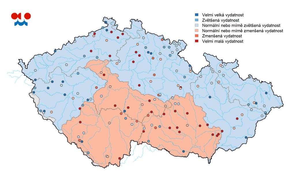 Tabulka: Vydatnost pramenů hodnocená dle pravděpodobnosti překročení v % objektů Povodí velmi malá vydatnost zmenšená vydatnost normální nebo mírně zvětšená vydatnost normální nebo mírně zmenšená