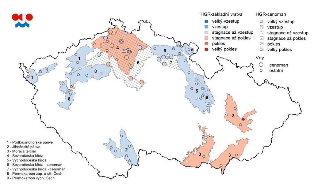 Mapa: Změna hladin v hlubokých vrtech v únoru 2018, srovnání s předchozím měsícem.