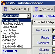 lokace a podobně (seznam filtrů bude průběžně doplňován podle požadavků) Při otevření okna základní evidence je filtr nastaven na volbu Všechny karty. Pod touto nabídkou je pole fulltextového hledání.