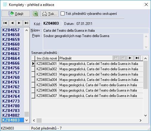 5.1.1.6 Seskupení předmětů komplety, soubory a sbírky (nabídka Základní evidence / Seskupení předmětů) Program umožňuje seskupovat předměty do třech typů skupin, které se mohou prolínat.