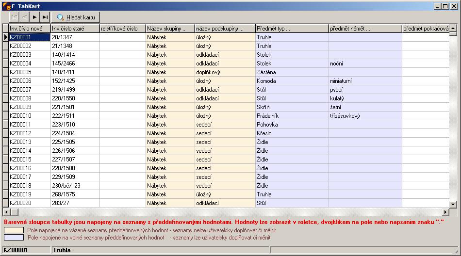 5.8 ZE tabulka karet (nabídka Základní evidence / Karty - tabulka) Základní evidenci lze též zobrazit jako tabulku.