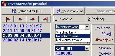inventarizační protokol V této záložce je průhled do Základní evidence na data hlavní věty.