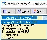 Hlavní okno pro PE vlastních předmětů mobiliárního fondu sdružuje výše uvedené typy pohybů. Výběr typu pohybu, s nímž chcete právě pracovat se provede pomocí roletkové nabídky vlevo nahoře.